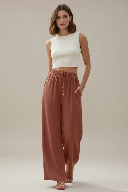 Pantalon Japonais Fluide Ample Lin Terre Cuite Femme - Marron