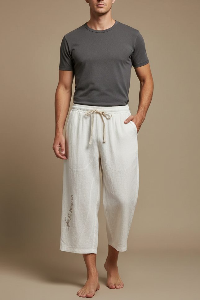 Pantalon Japonais Blanc Cassé Lin Ample Imprimé Cordon - Beige
