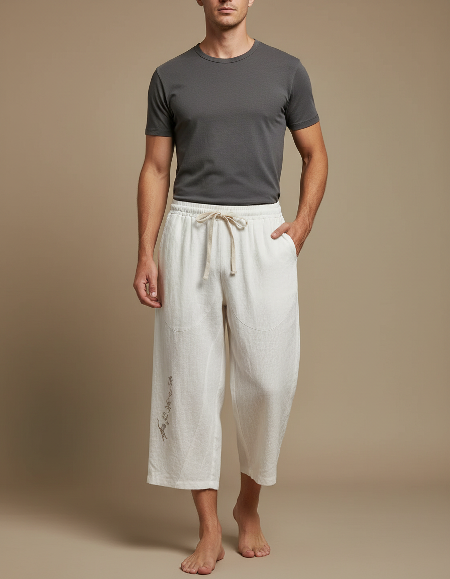 Pantalon Japonais Blanc Cassé Lin Ample Imprimé Cordon - Beige