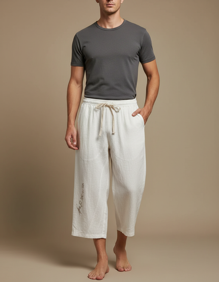 Pantalon Japonais Blanc Cassé Lin Ample Imprimé Cordon - Beige