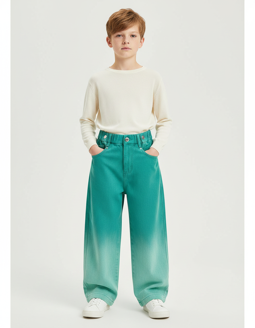 Pantalon Japonais Dégradé Vert Ample Enfant Denim - Jean