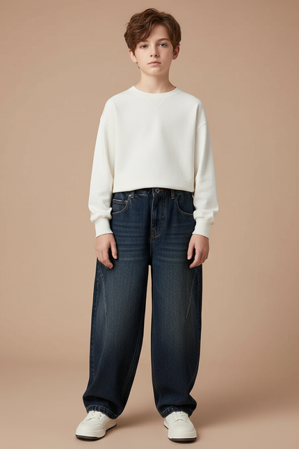 Pantalon Japonais Denim Bleu Ample Enfant Décontracté - Marine Jean