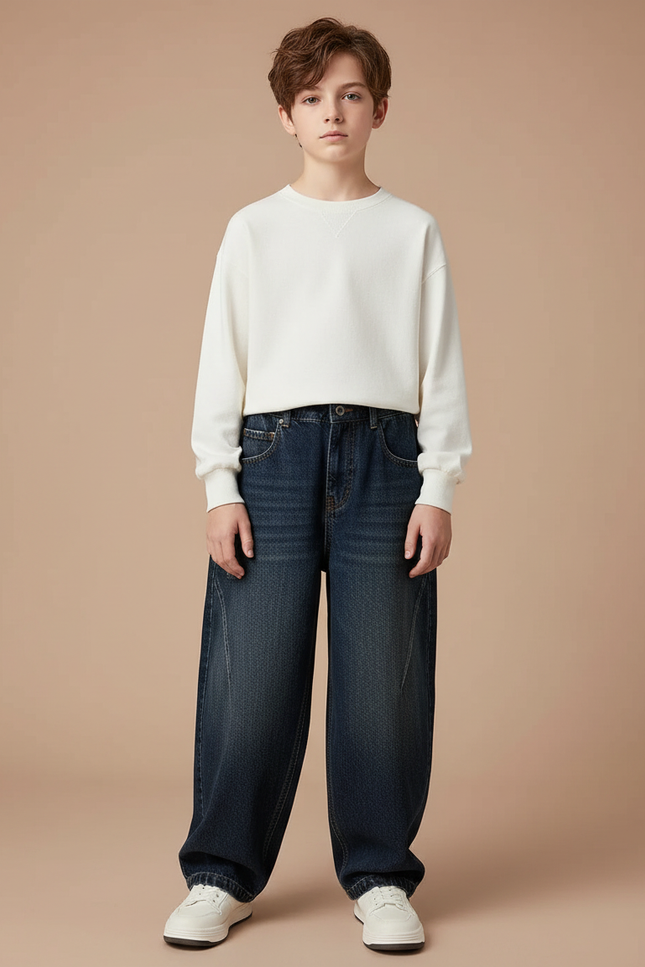 Pantalon Japonais Denim Bleu Ample Enfant Décontracté - Marine Jean
