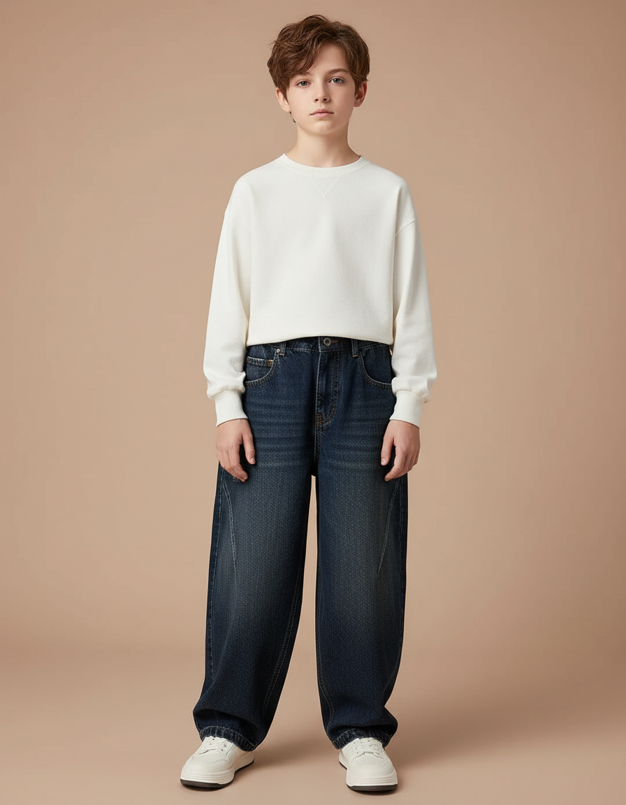 Pantalon Japonais Denim Bleu Ample Enfant Décontracté - Marine Jean