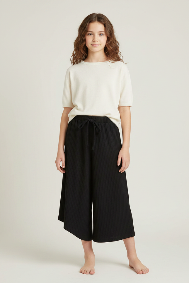 Pantalon Japonais Noir Côtelé Ample Fille Confortable - Maille