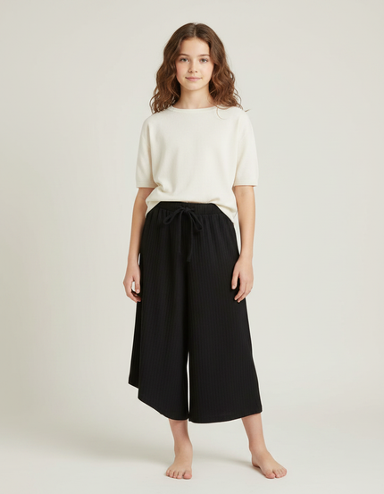 Pantalon Japonais Noir Côtelé Ample Fille Confortable - Maille