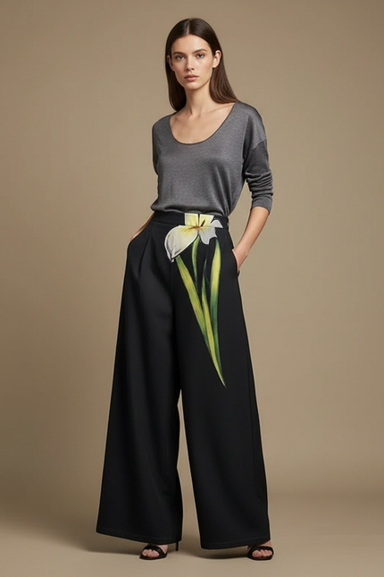 Pantalon Japonais Noir Fleuri Ample Élégant Femme - Polyester