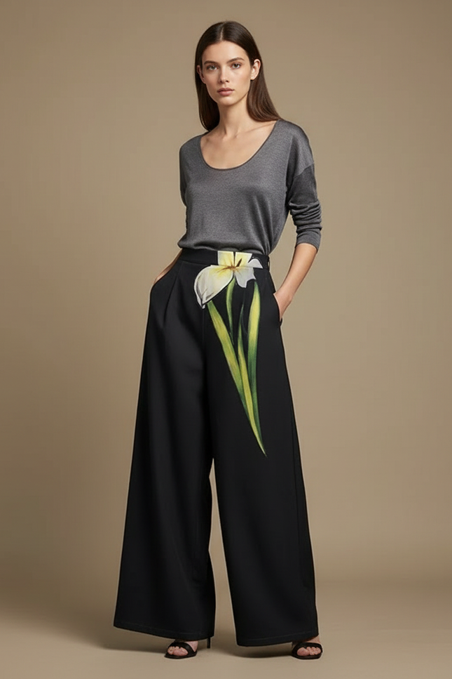 Pantalon Japonais Noir Fleuri Ample Élégant Femme - Polyester