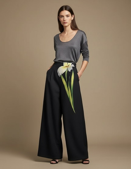Pantalon Japonais Noir Fleuri Ample Élégant Femme - Polyester