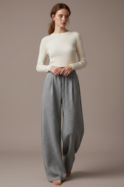 Pantalon Japonais Gris Ample Molleton Cordon Fluide