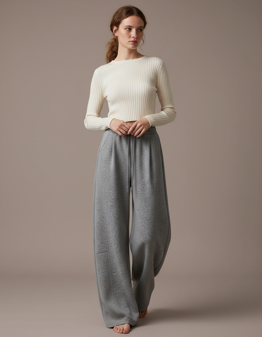 Pantalon Japonais Gris Ample Molleton Cordon Fluide