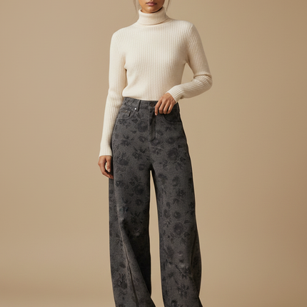 Pantalon Japonais Gris Ample Fleuri Denim Femme - Jean