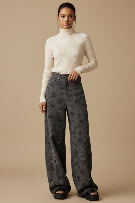Pantalon Japonais Gris Ample Fleuri Denim Femme - Jean