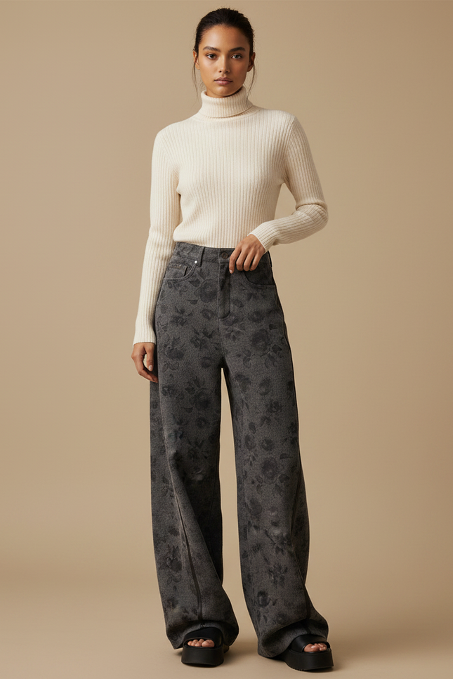 Pantalon Japonais Gris Ample Fleuri Denim Femme - Jean
