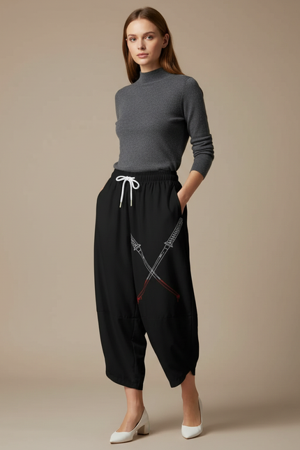 Pantalon Japonais Noir Ample Fluide Samouraï Épées - Polyester