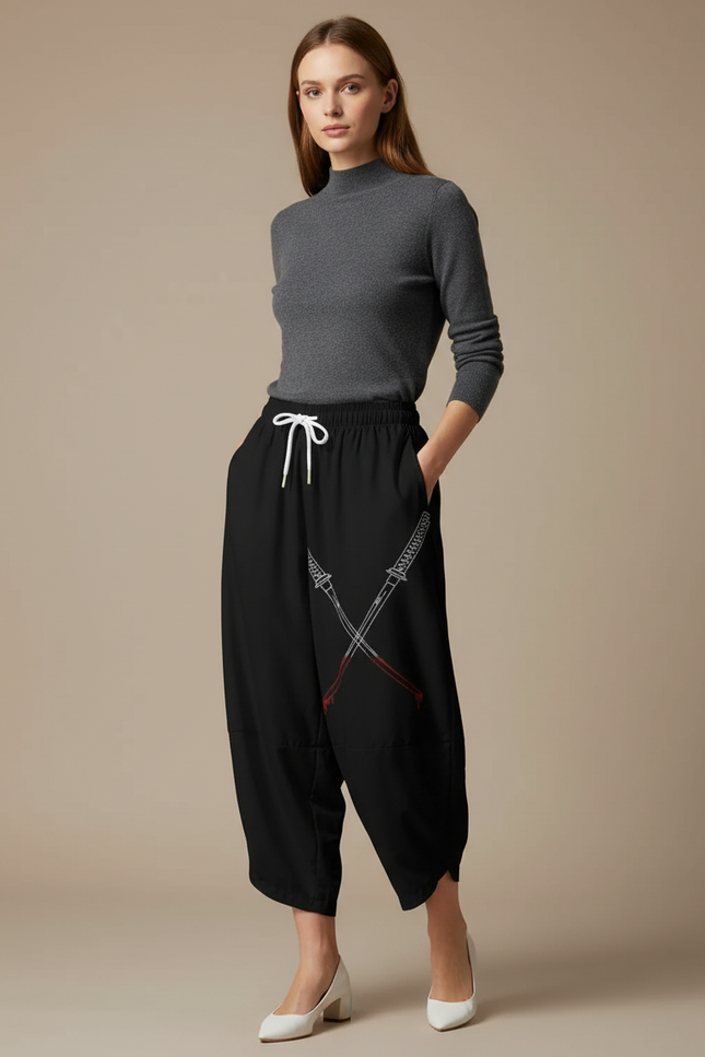 Pantalon Japonais Noir Ample Fluide Samouraï Épées - Polyester