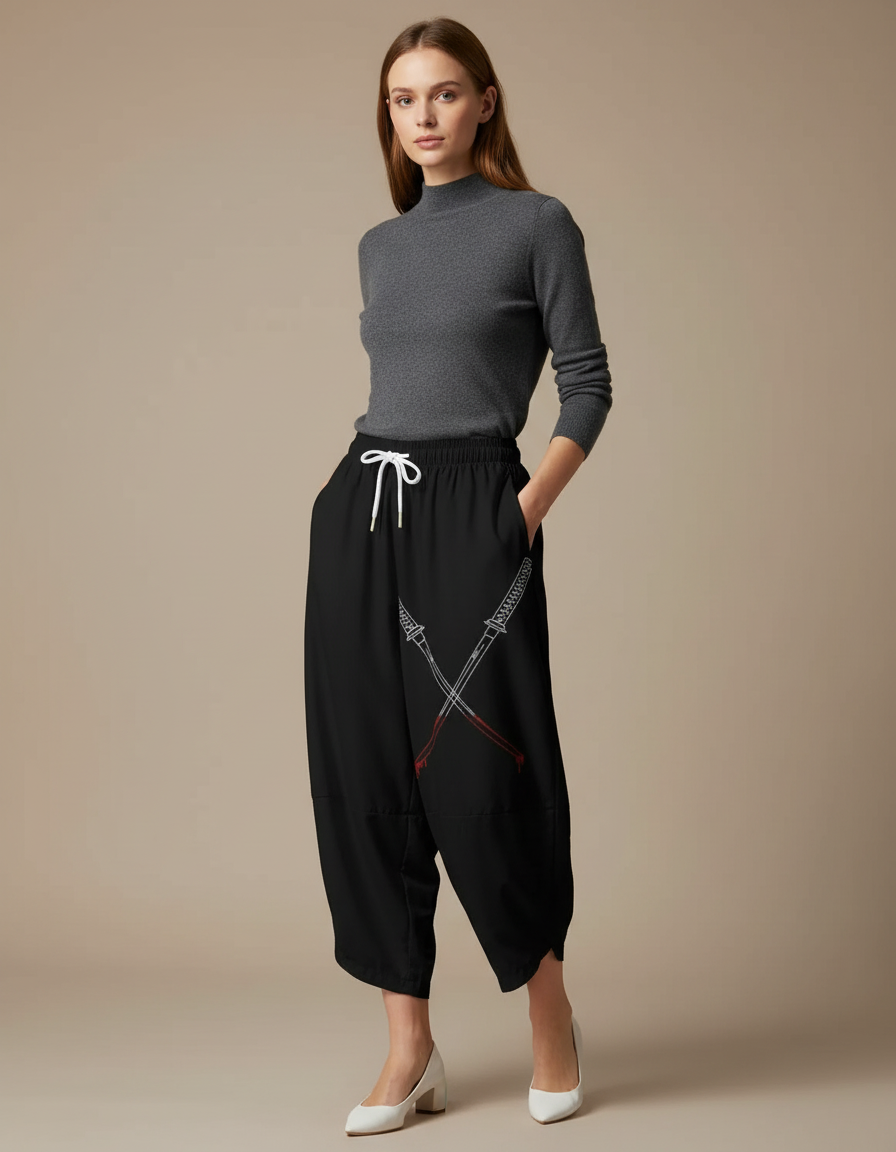 Pantalon Japonais Noir Ample Fluide Samouraï Épées - Polyester