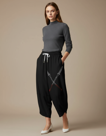 Pantalon Japonais Noir Ample Fluide Samouraï Épées - Polyester