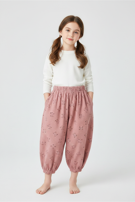 Pantalon Japonais Rose Côtelé Ample Motif Enfant - Cordé