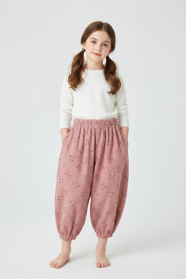 Pantalon Japonais Rose Côtelé Ample Motif Enfant - Cordé