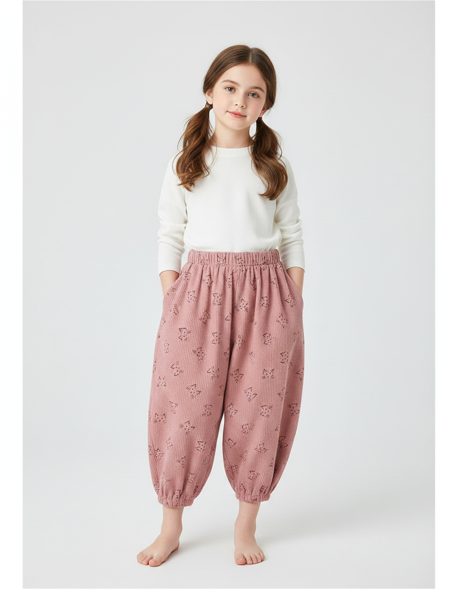 Pantalon Japonais Rose Côtelé Ample Motif Enfant - Cordé