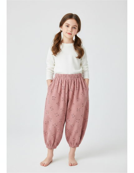 Pantalon Japonais Rose Côtelé Ample Motif Enfant - Cordé