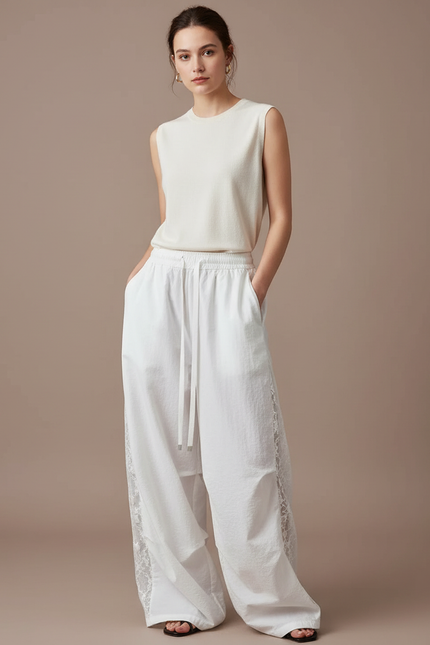 Pantalon Japonais Blanc Ample Dentelle Coton Fluide Femme