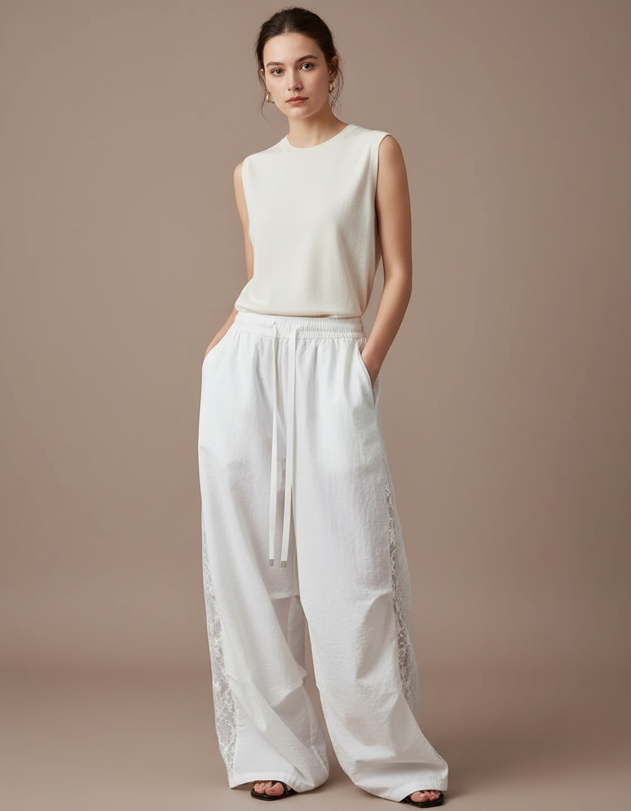 Pantalon Japonais Blanc Ample Dentelle Coton Fluide Femme