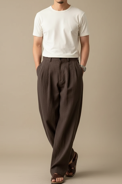 Pantalon Japonais Marron Ample Fluide Élégant - Lin