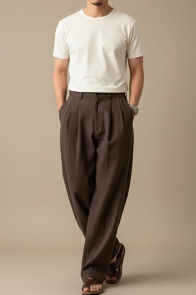 Pantalon Japonais Marron Ample Fluide Élégant - Lin