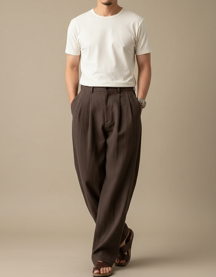 Pantalon Japonais Marron Ample Fluide Élégant - Lin