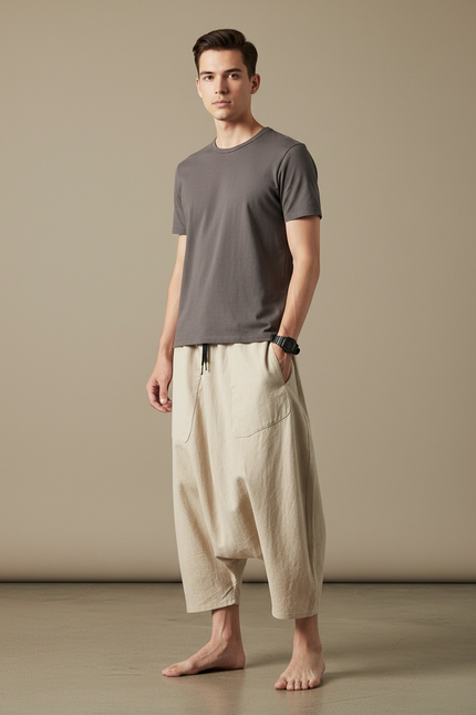 Pantalon Japonais Beige Ample Coton Lin Fluide