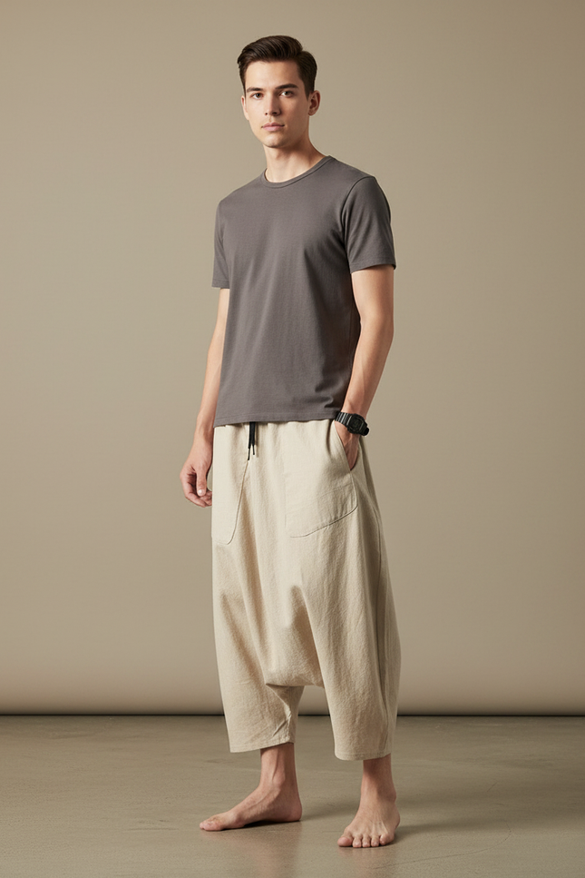 Pantalon Japonais Beige Ample Coton Lin Fluide