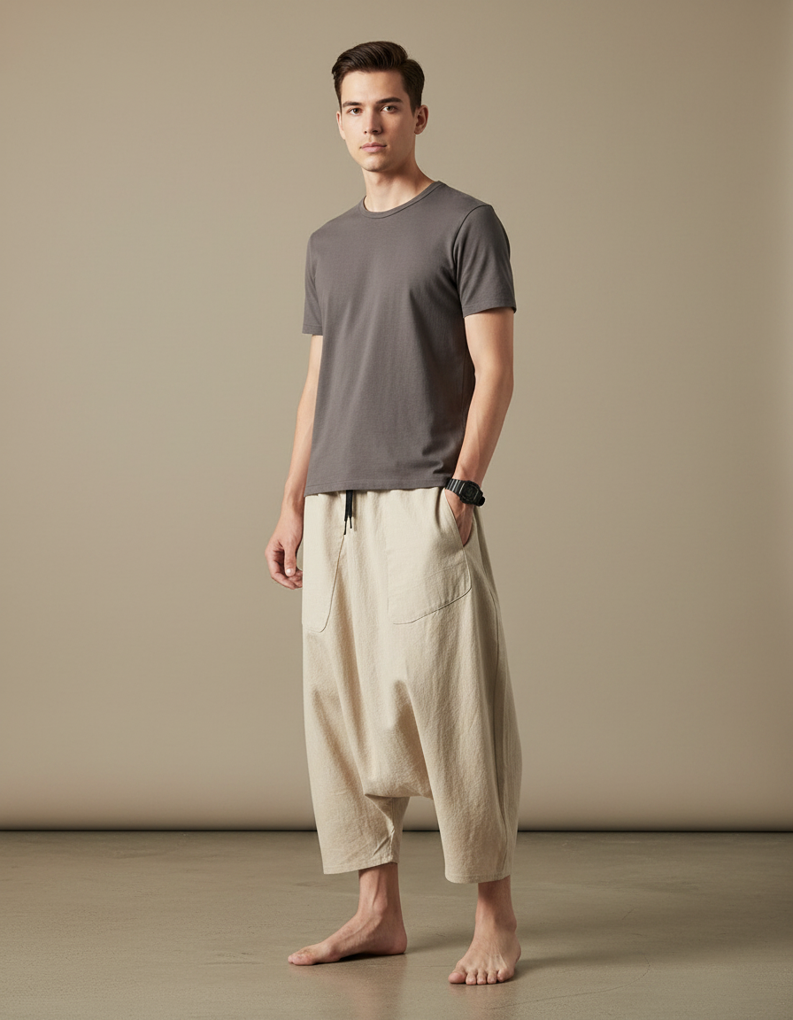 Pantalon Japonais Beige Ample Coton Lin Fluide