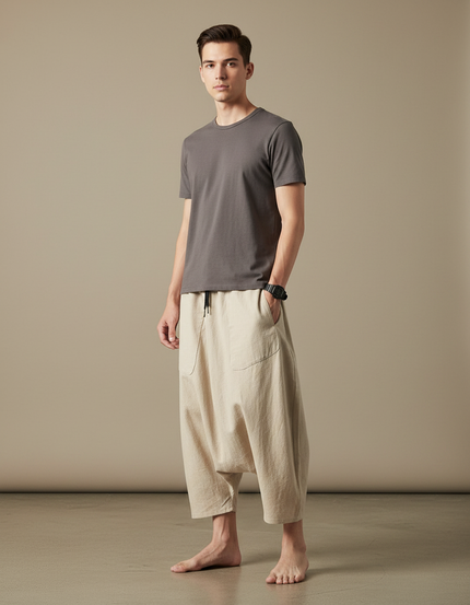 Pantalon Japonais Beige Ample Coton Lin Fluide