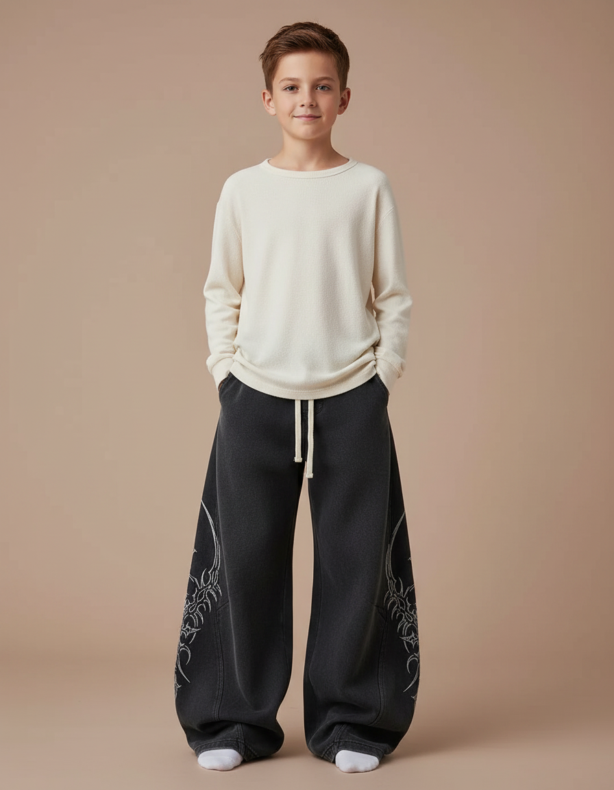 Pantalon Japonais Noir Ample Imprimé Tribal Garçon - Molleton