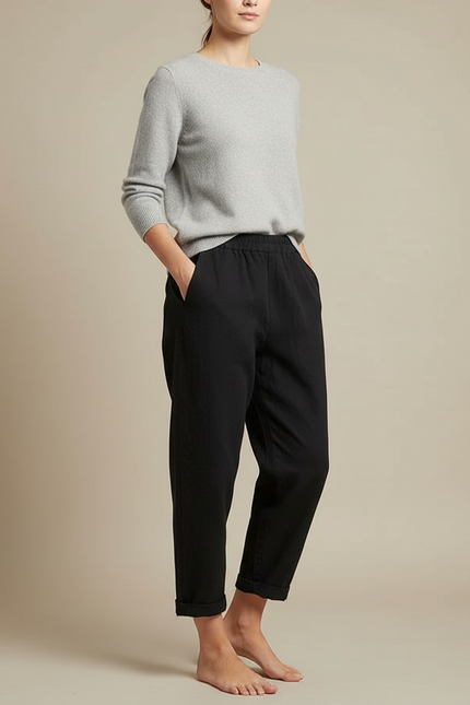 Pantalon Japonais Noir Coton Ample Décontracté Cheville