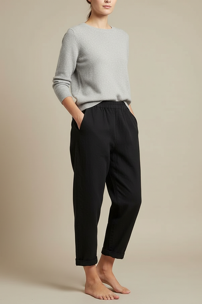 Pantalon Japonais Noir Coton Ample Décontracté Cheville
