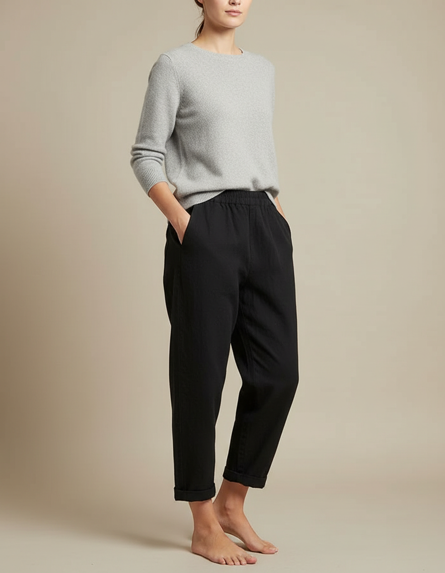 Pantalon Japonais Noir Coton Ample Décontracté Cheville