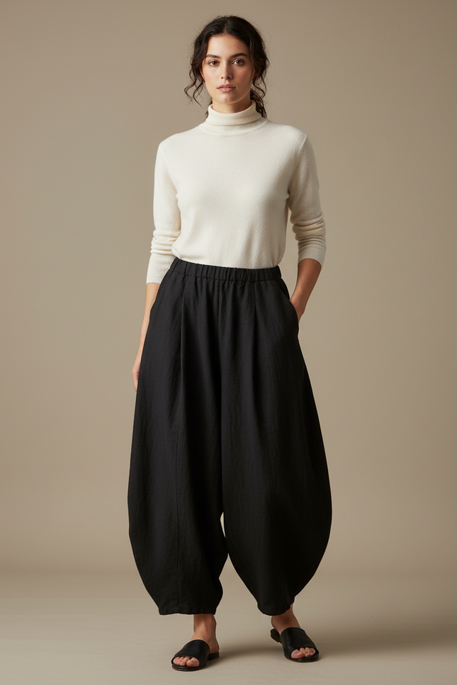 Pantalon Japonais Noir Ample Coton Fluide Femme
