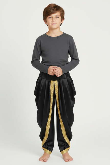 Pantalon Japonais Noir Satiné Drapé Doré Garçon