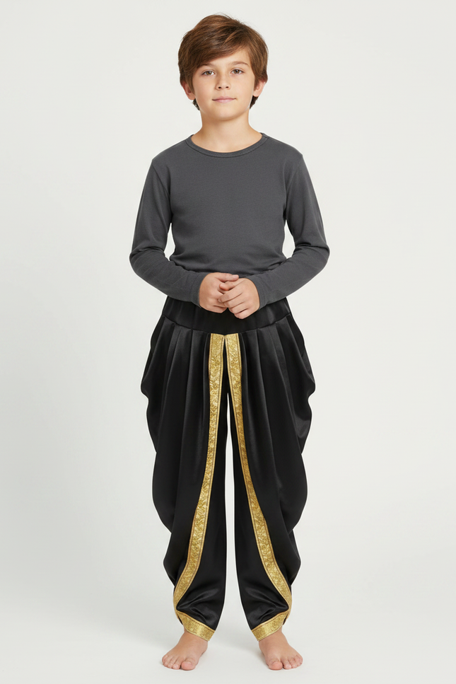 Pantalon Japonais Noir Satiné Drapé Doré Garçon