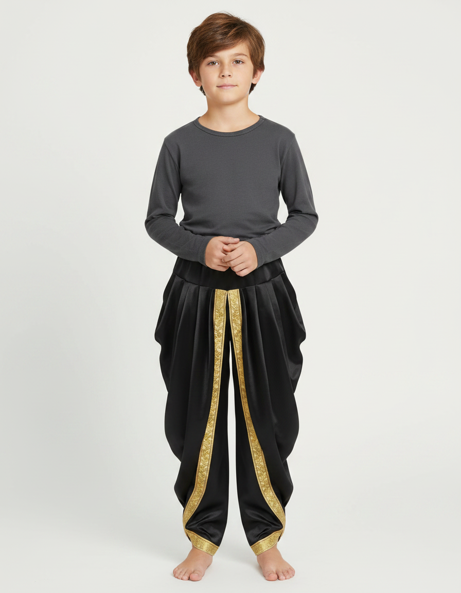Pantalon Japonais Noir Satiné Drapé Doré Garçon