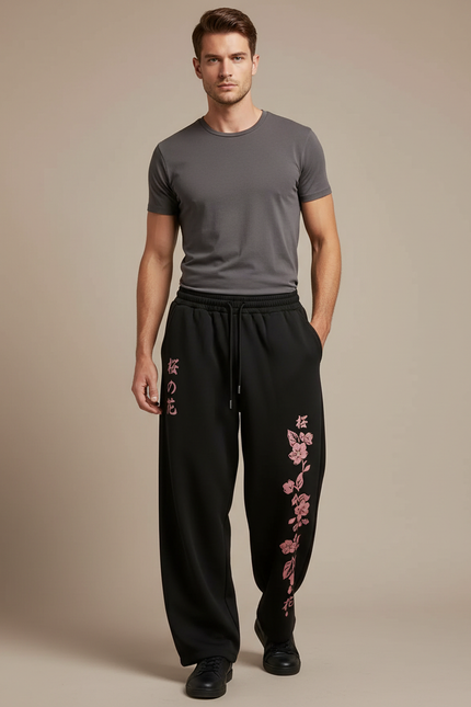 Pantalon Japonais Noir Ample Sakura Streetwear Homme - Molleton