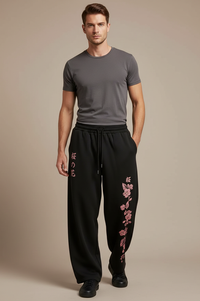 Pantalon Japonais Noir Ample Sakura Streetwear Homme - Molleton