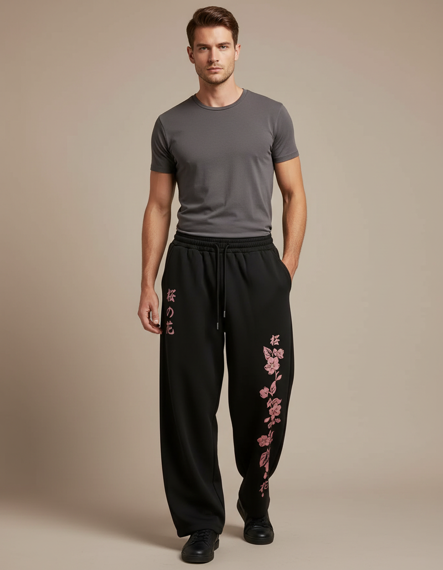 Pantalon Japonais Noir Ample Sakura Streetwear Homme - Molleton