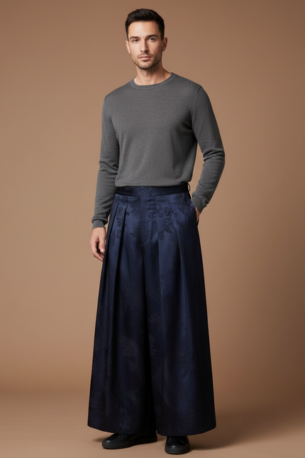 Pantalon Japonais Bleu Marine Jacquard Dragon Ample Homme - Satin