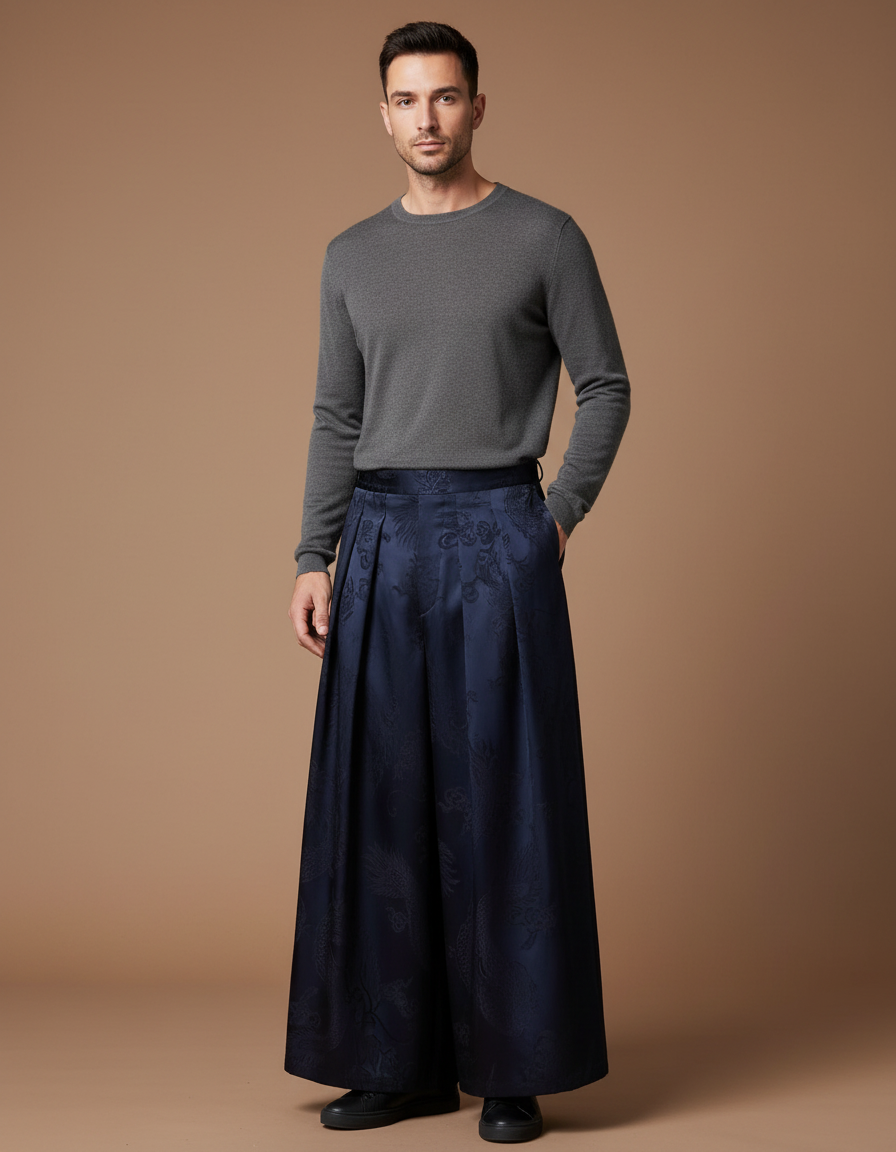 Pantalon Japonais Bleu Marine Jacquard Dragon Ample Homme - Satin