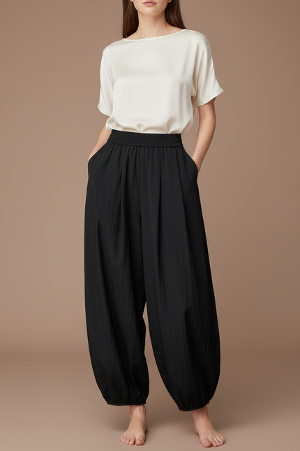 Pantalon Japonais Noir Fluide Ample Décontracté - Viscose