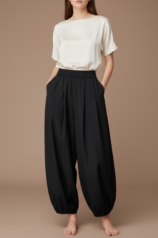 Pantalon Japonais Noir Fluide Ample Décontracté - Viscose